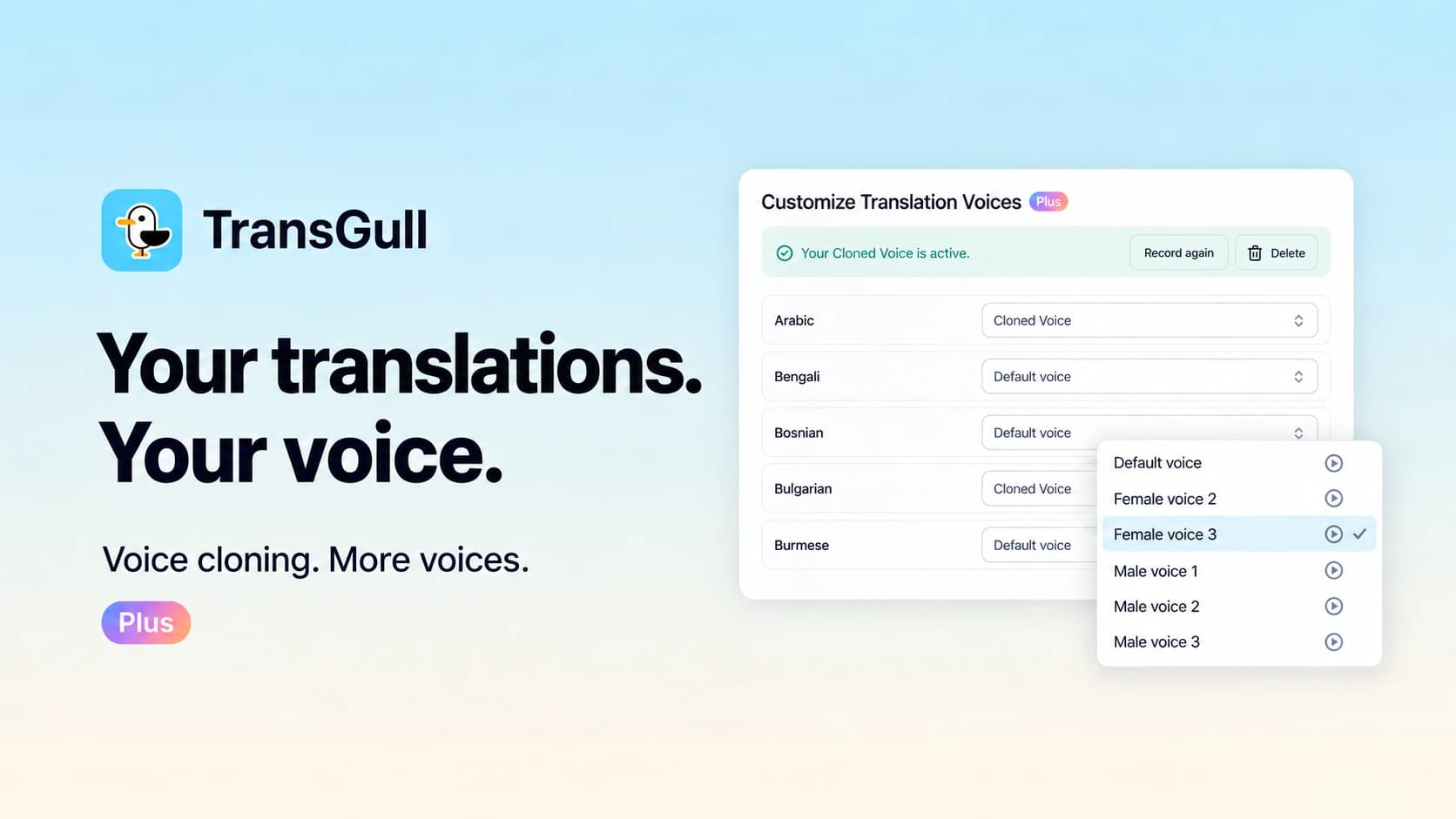New TransGull Plus benefits: voice cloning and more translation voices