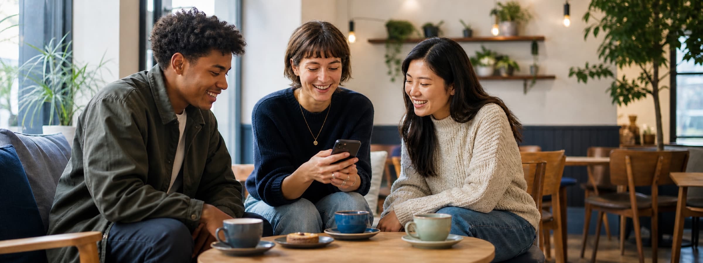 A creator sharing something from a phone with friends in a cafe