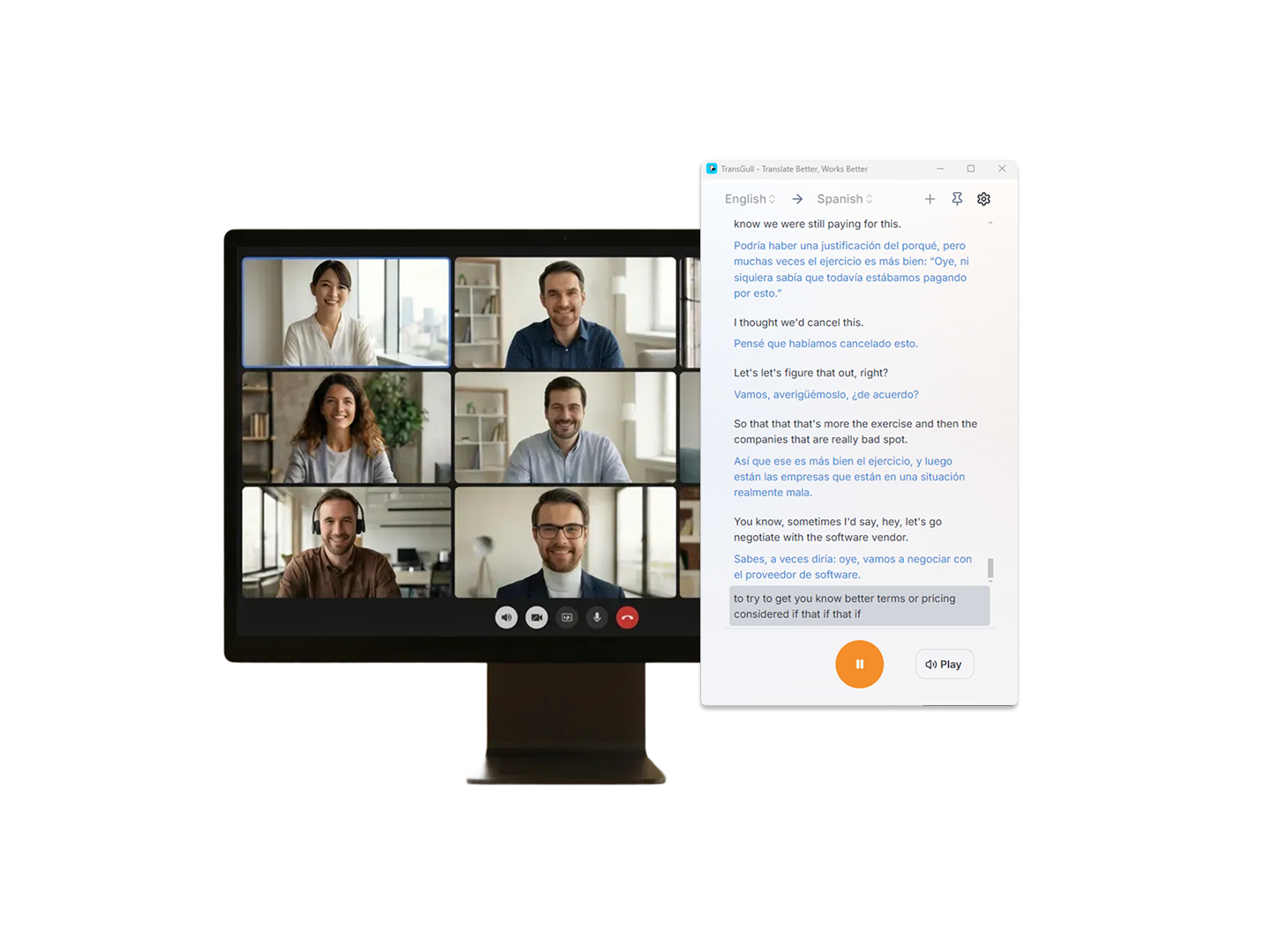 TransGull displaying continuous original and translated captions beside an online meeting